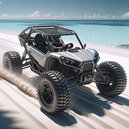 Afbeelding van een 4x4 buggy op een strand, verzeker je buggy